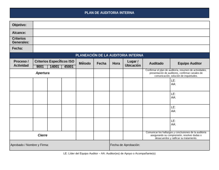 Plan de Auditoría Interna ISO 9001, 14001, 45001 | PDF | Auditoría