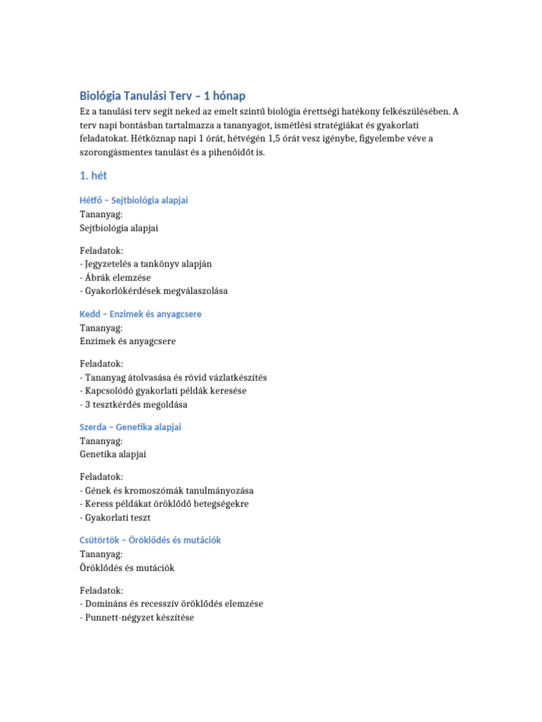 Biológia Tanulási Terv 1 Hónap | PDF