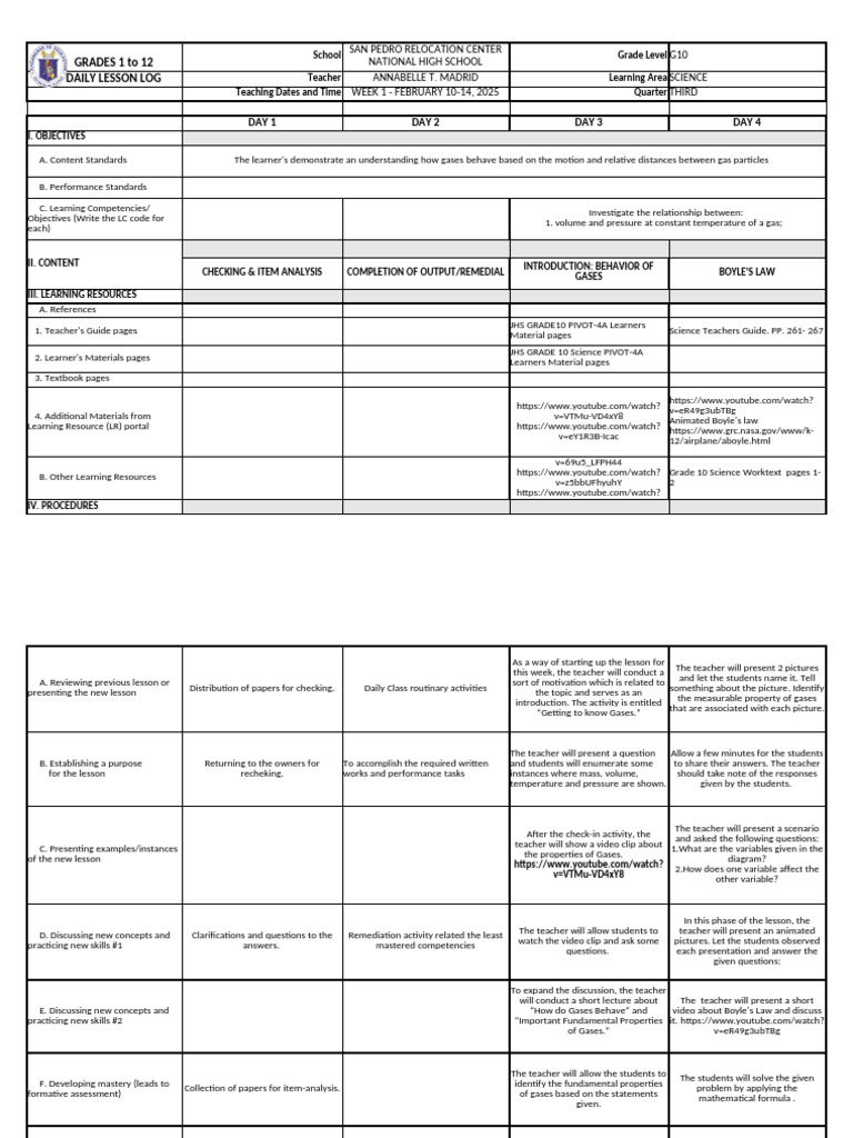 Grade 10 Science Daily Lesson Log | PDF | Gases | Carbohydrates