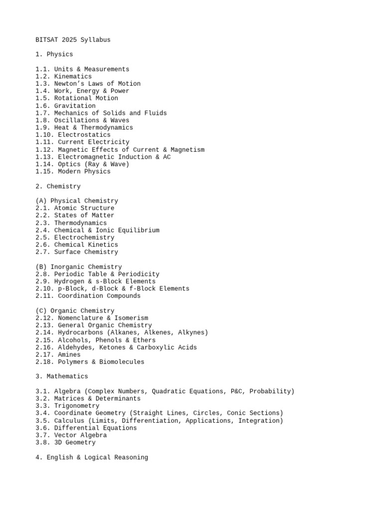 BITSAT 2025 Syllabus | PDF