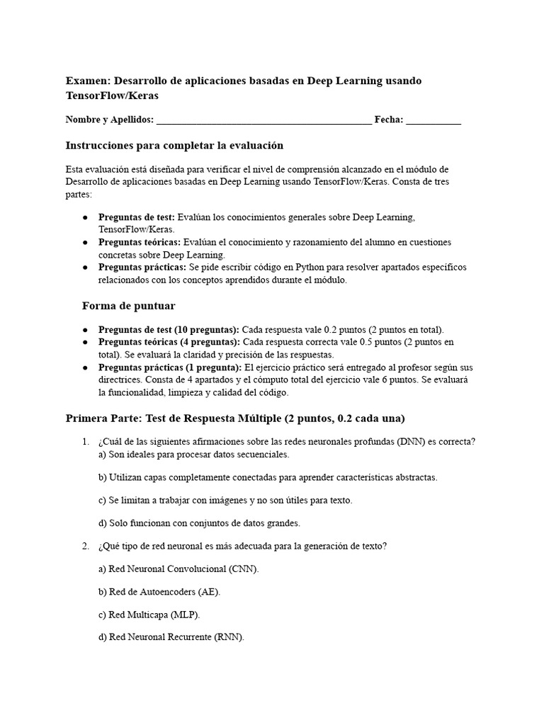 Examen de Deep Learning con TensorFlow | PDF | Aprendizaje profundo ...