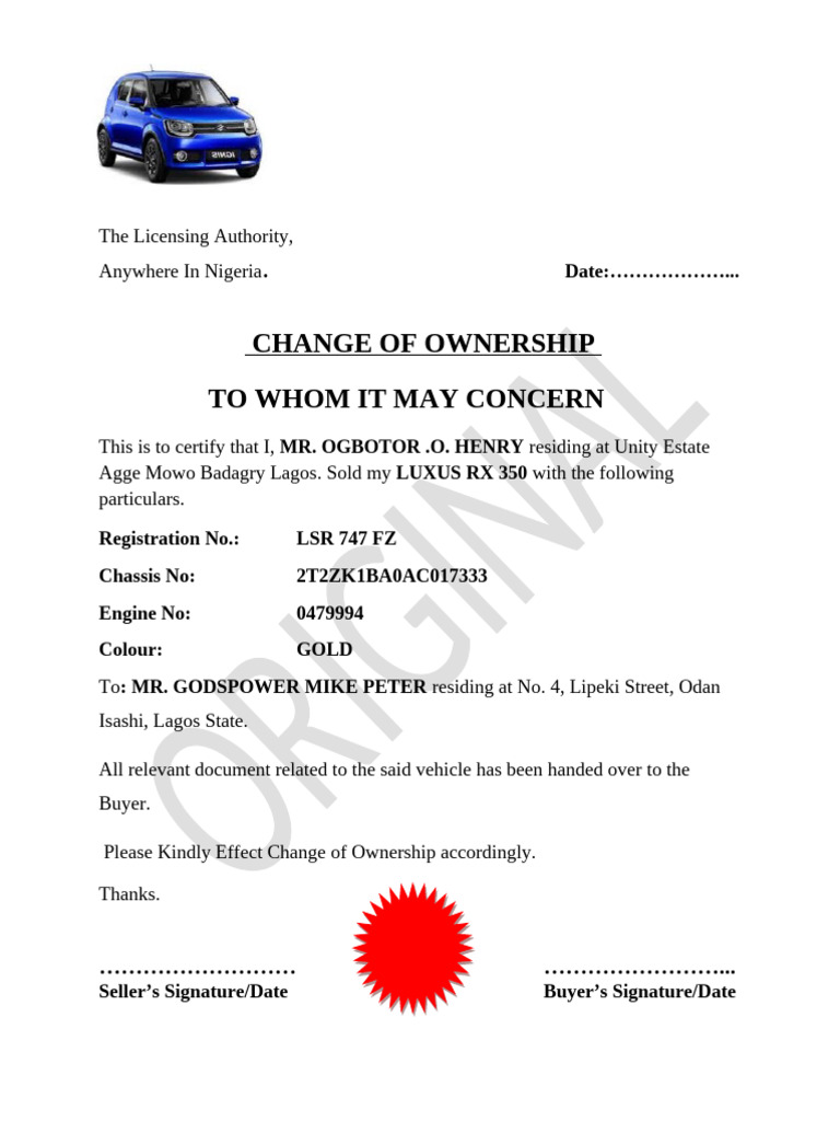 Car Ownership Transfer in Nigeria | PDF