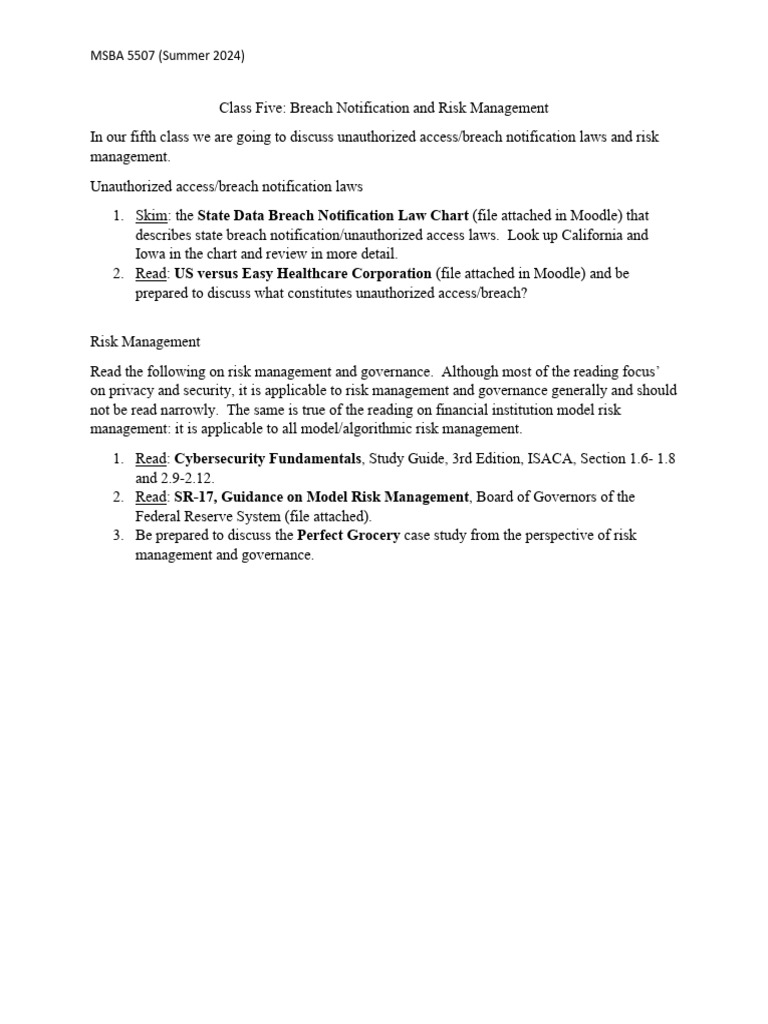 MSBA 5507 Class Five Reading Assignment Risk Management (Summer 2024) | PDF