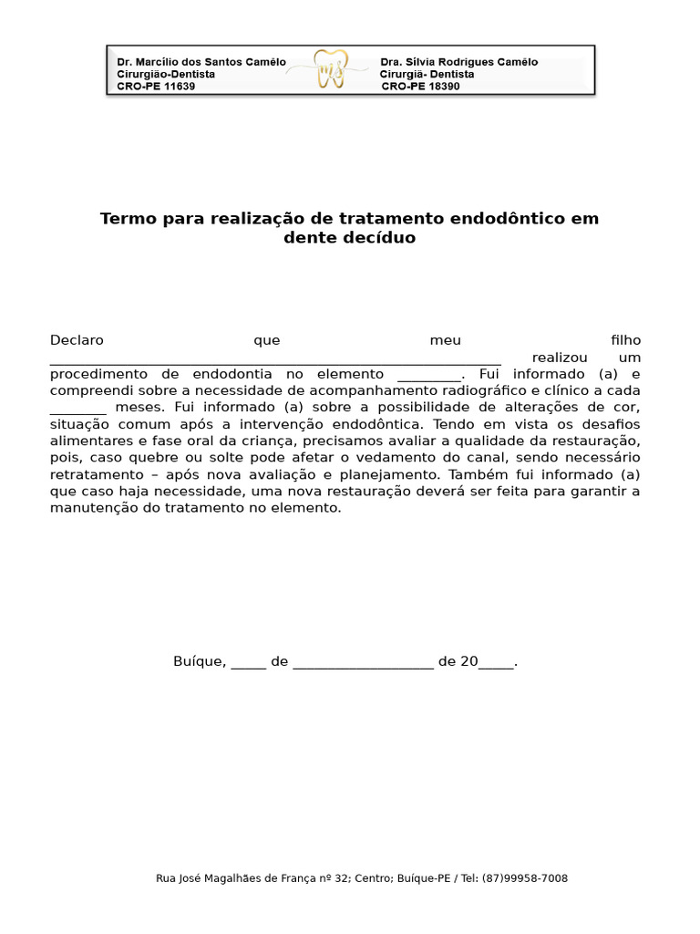Termo para Realização de Tratamento Endodôntico em Dente Decíduo | PDF