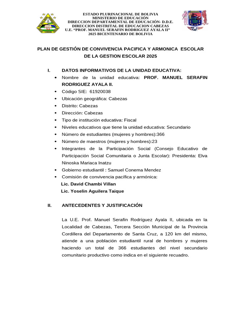 Plan de Convivencia Escolar 2025 | PDF | Mediación | Bolivia