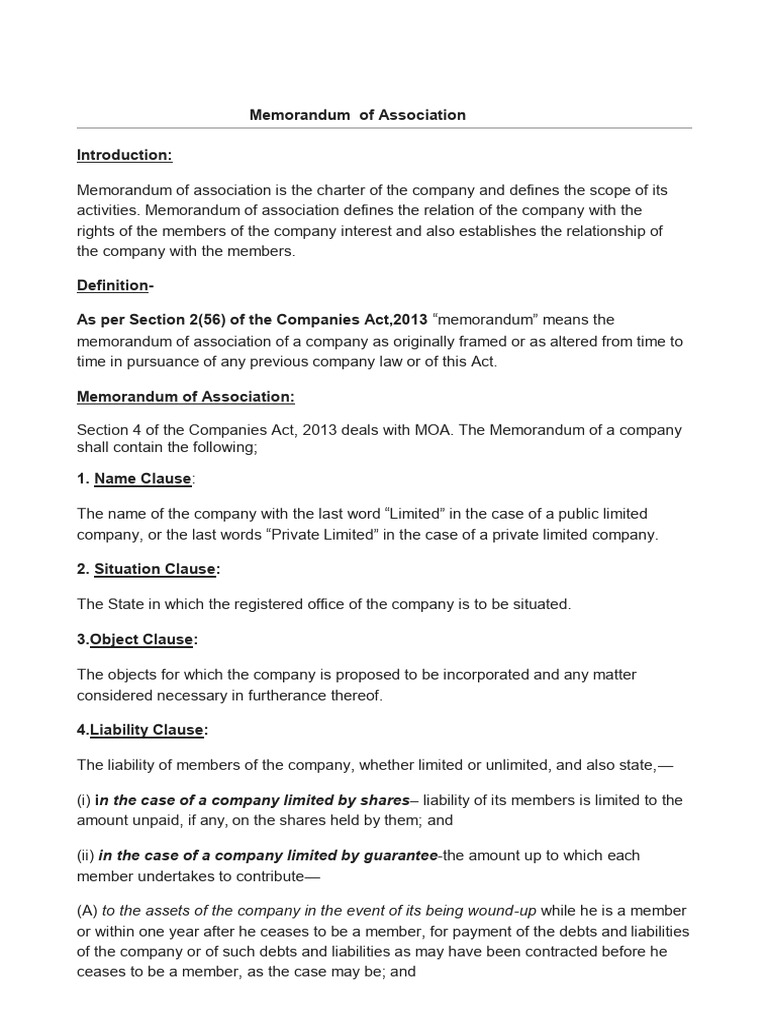 Memorandum of Association Overview | PDF | Companies | Private Law