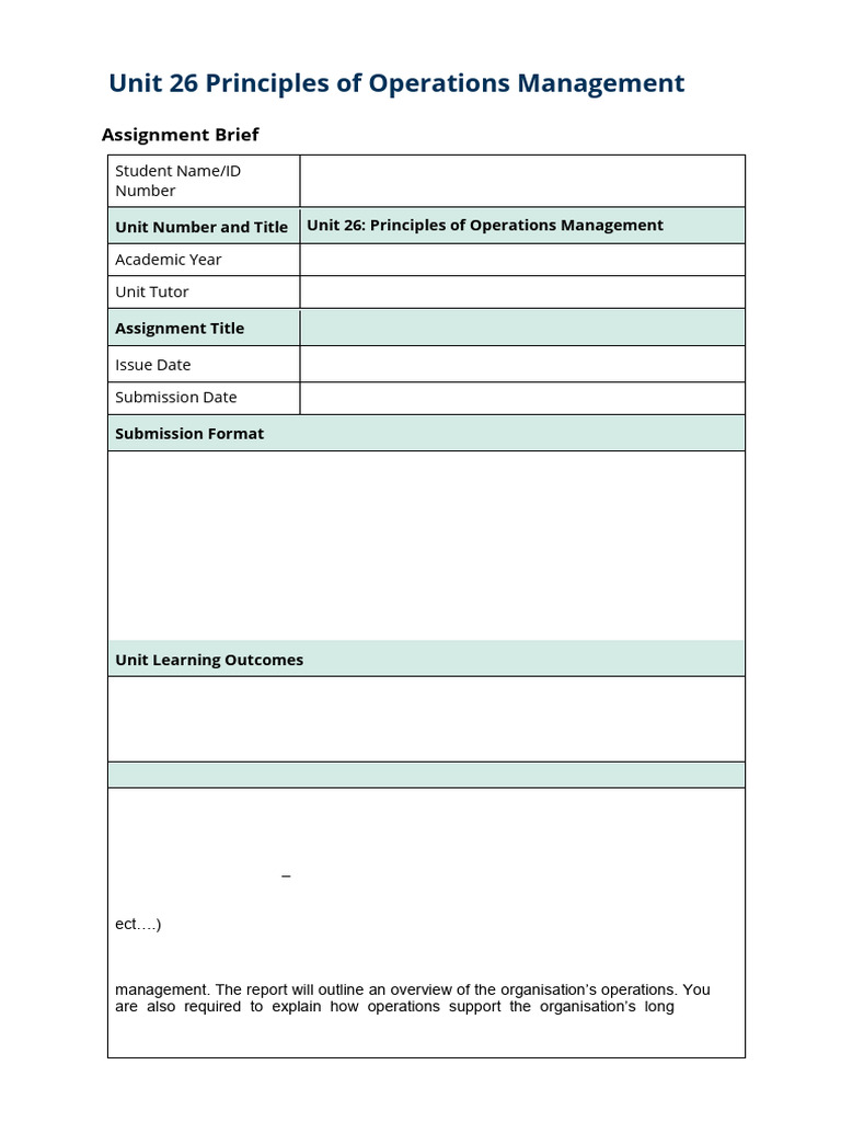 Unit 26 _Principles of Operations Management Assignment Brief 1_2025 ...