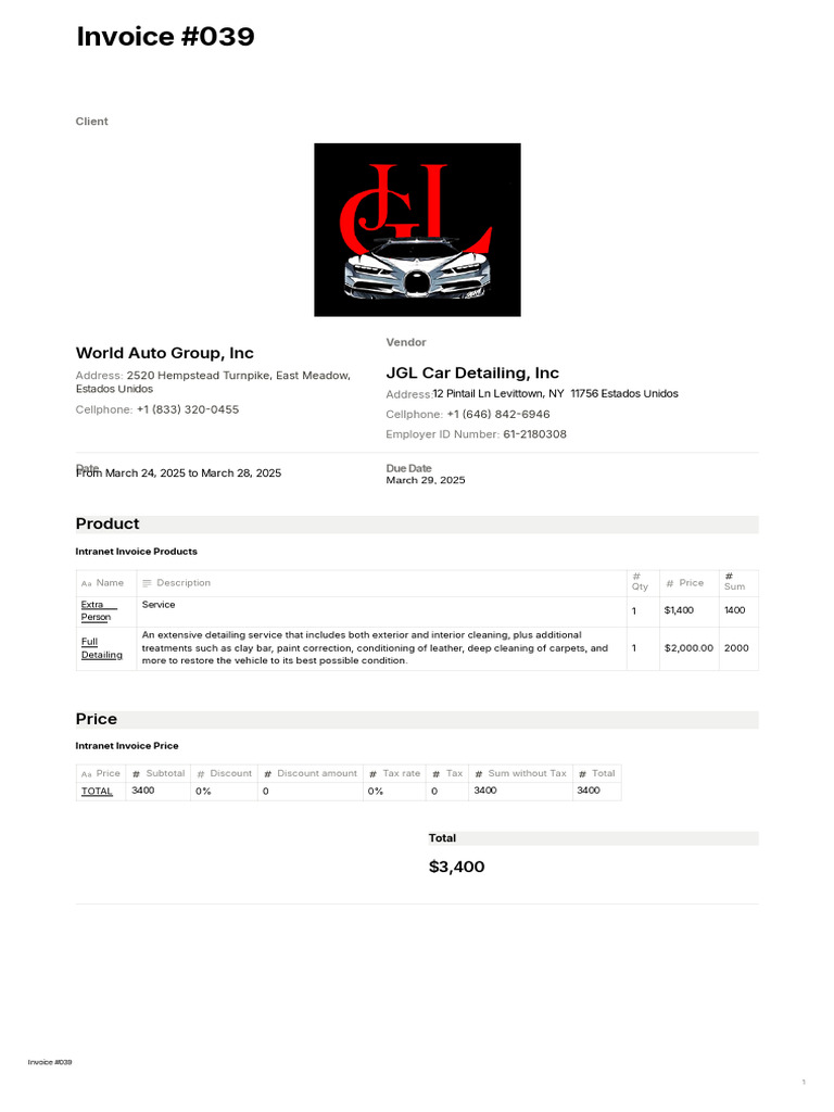 Car Detailing Invoice #039 | PDF | Wheeled Vehicles | Vehicle Technology