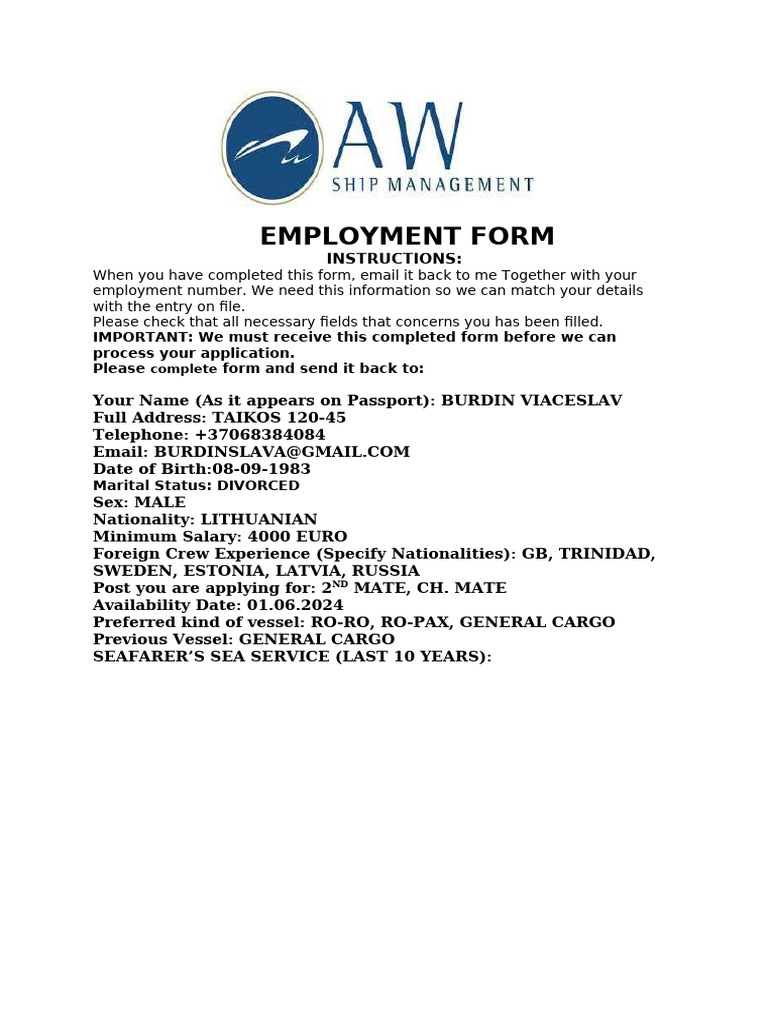 Aw Employment Form | PDF
