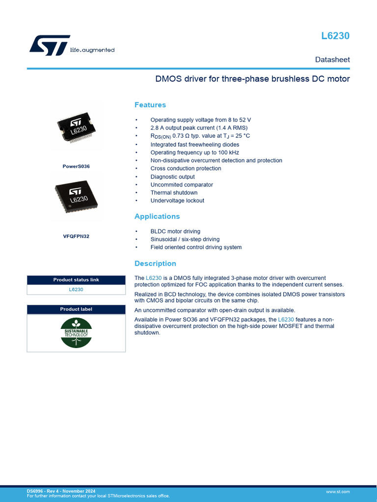 L6230 3-Phase Motor Driver Overview | PDF | Mosfet | Electrical Circuits