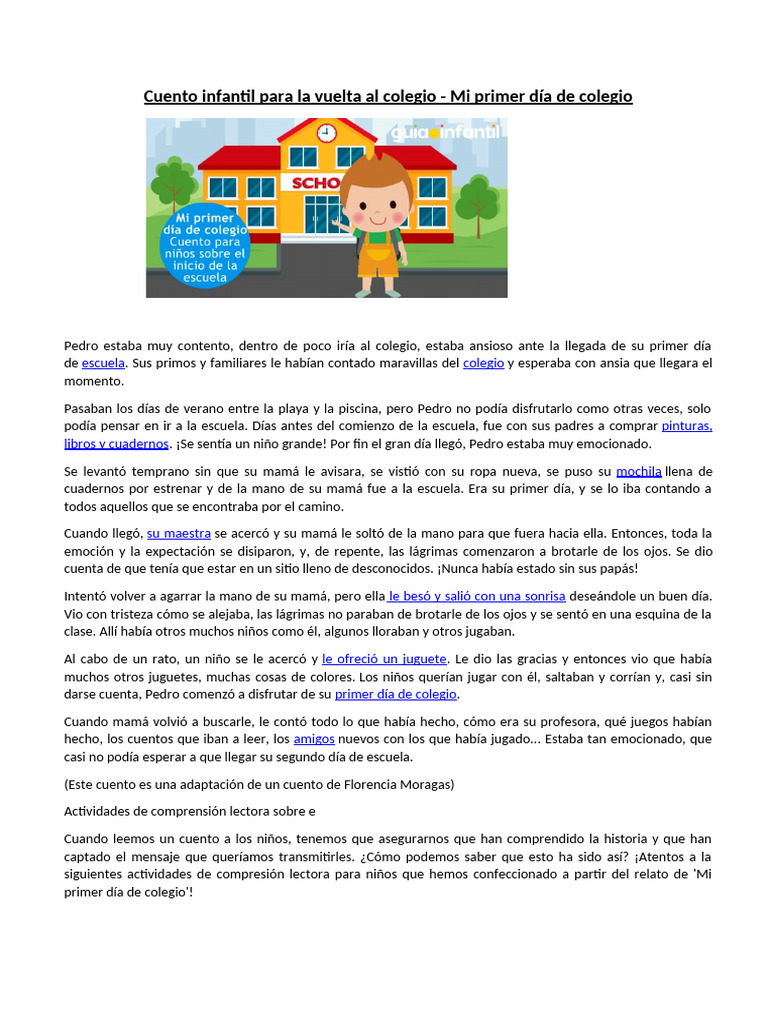 Primer día de colegio: un cuento infantil | PDF