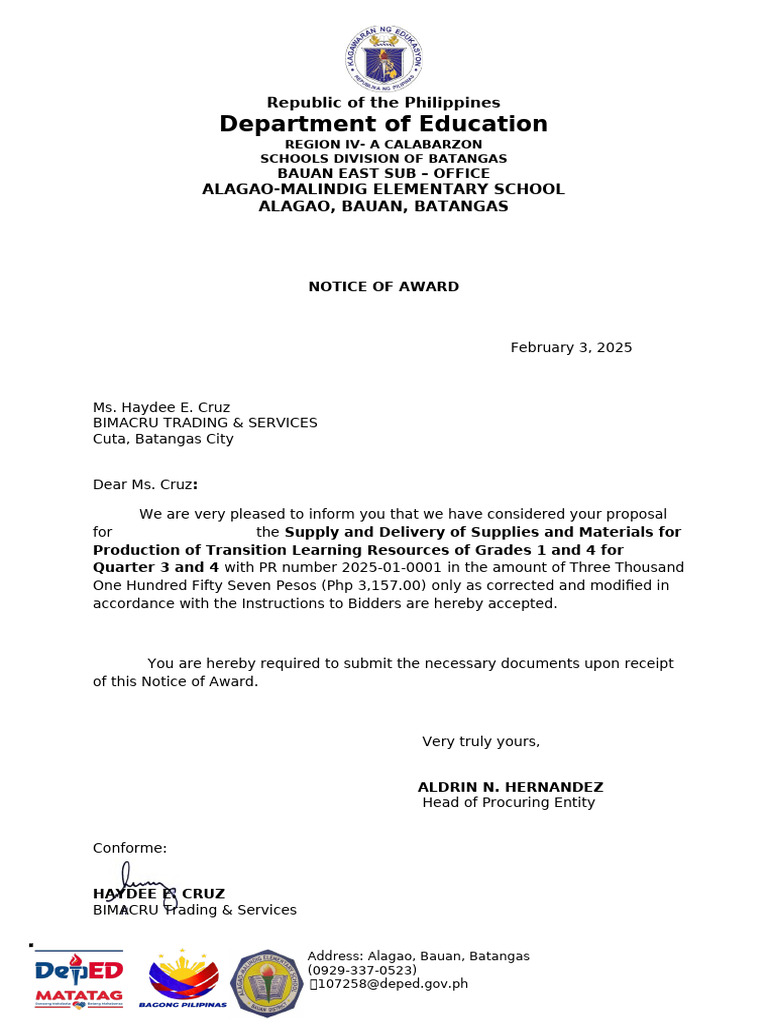 Notice of Award for School Supplies | PDF