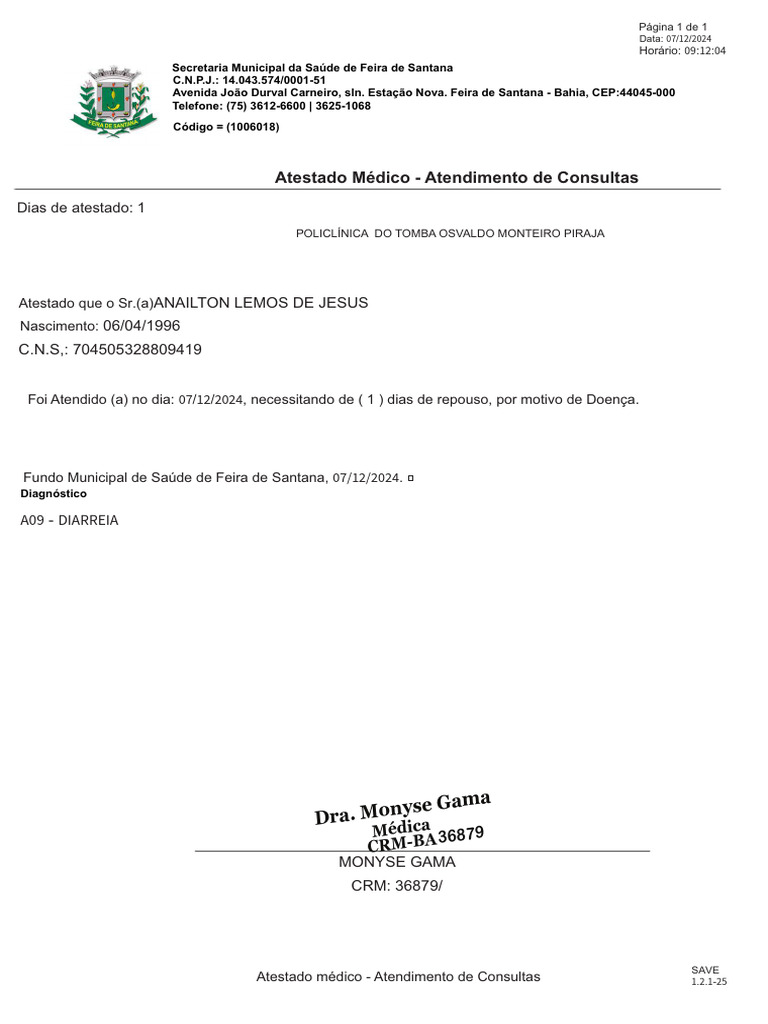 Atestado Médico: Anailton Lemos de Jesus | PDF