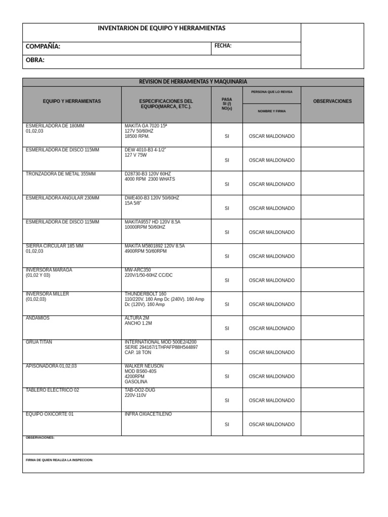 Inventario de Herramientas y Equipos | PDF