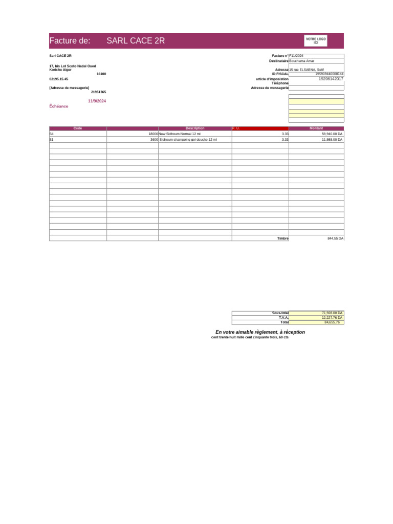 Facture SARL CACE 2R - Oued Koriche | PDF