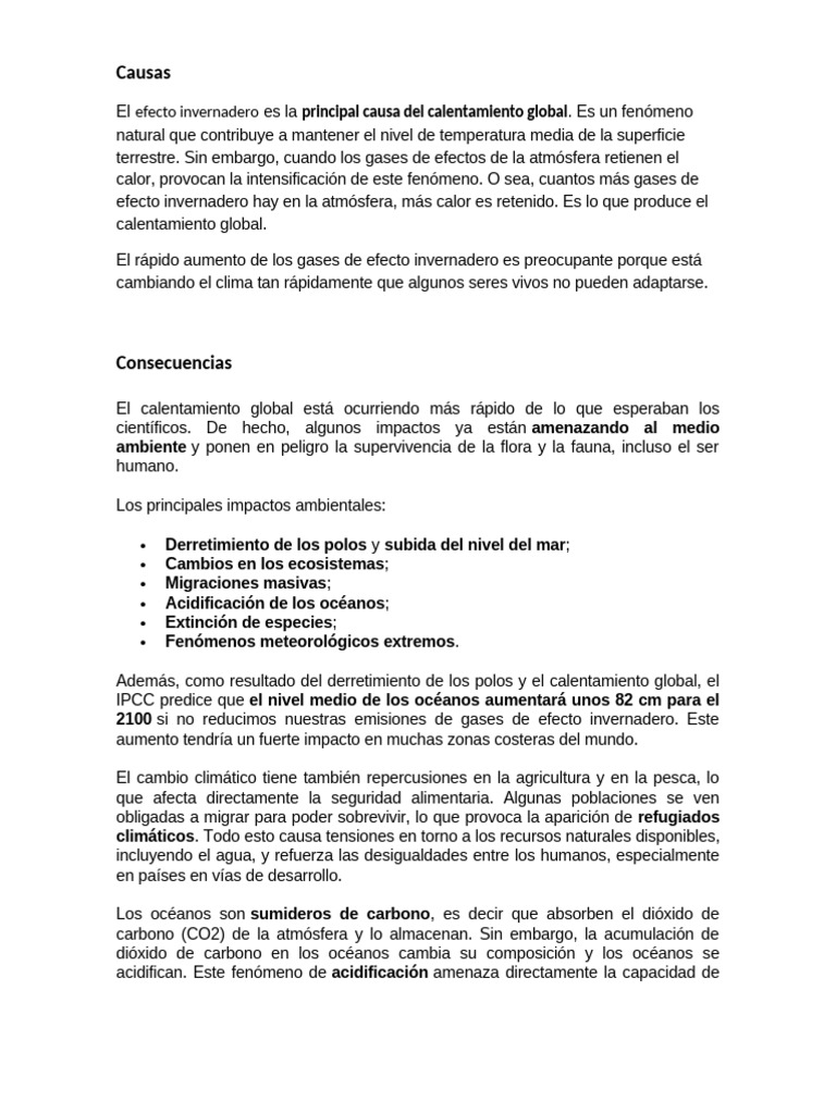 Calentamiento Global Causas y Consecuencias | PDF | Cambio climático ...