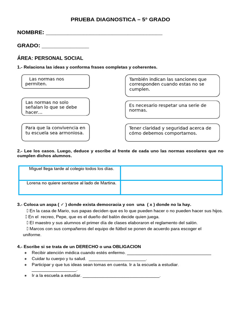 Prueba Diagnóstica Personal Social 5° Grado | PDF | Escuelas