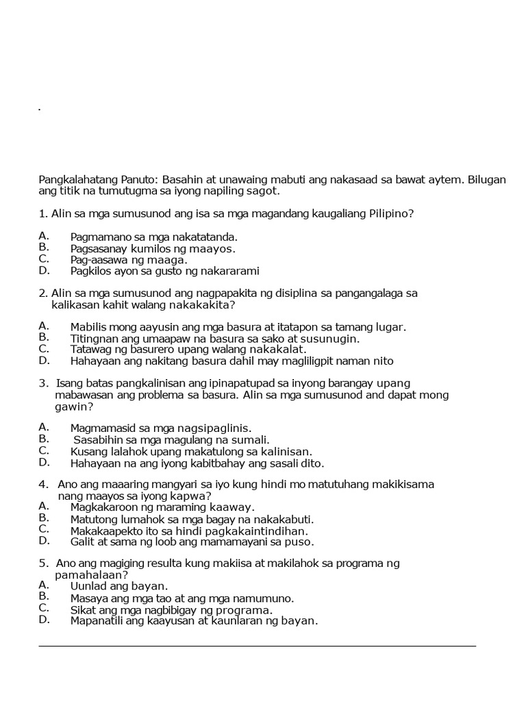 Quarterly Test - Q3 EsP 5 | PDF