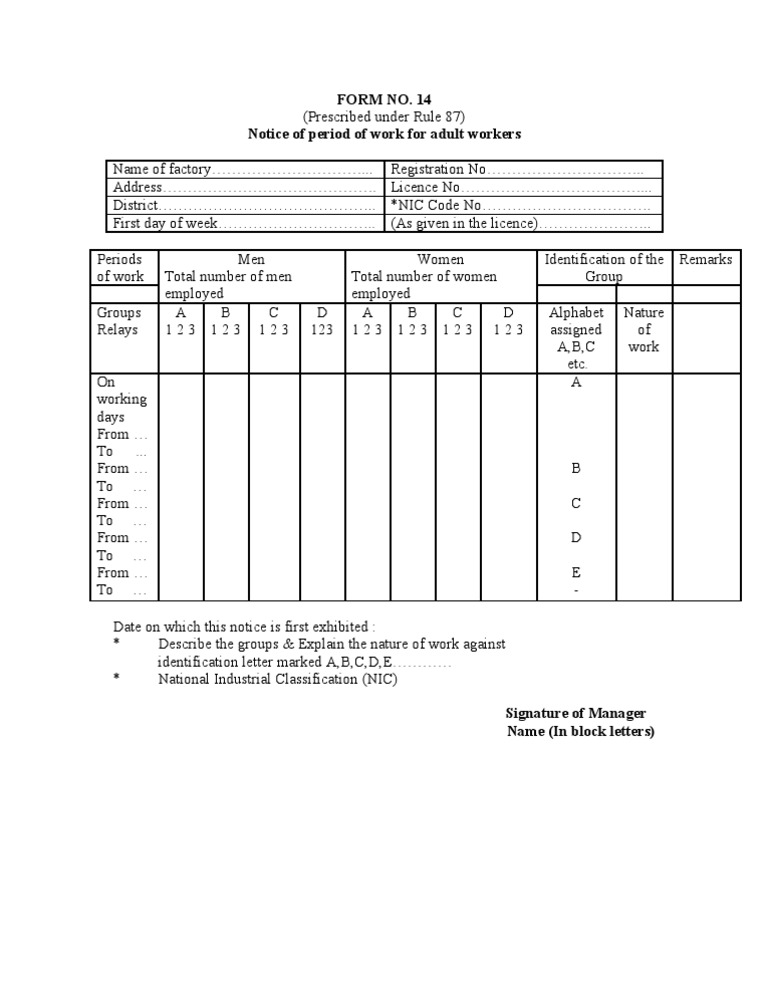 Form 14 Notice of Period of Work for Adult Workers