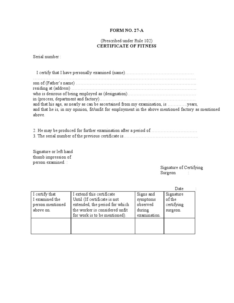 Form 27-A: Certificate of Fitness | PDF | Career & Growth