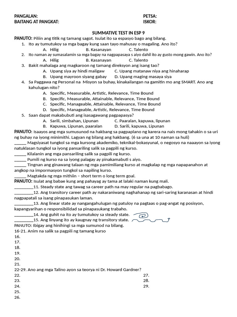 Summative Test in Esp 9 | PDF