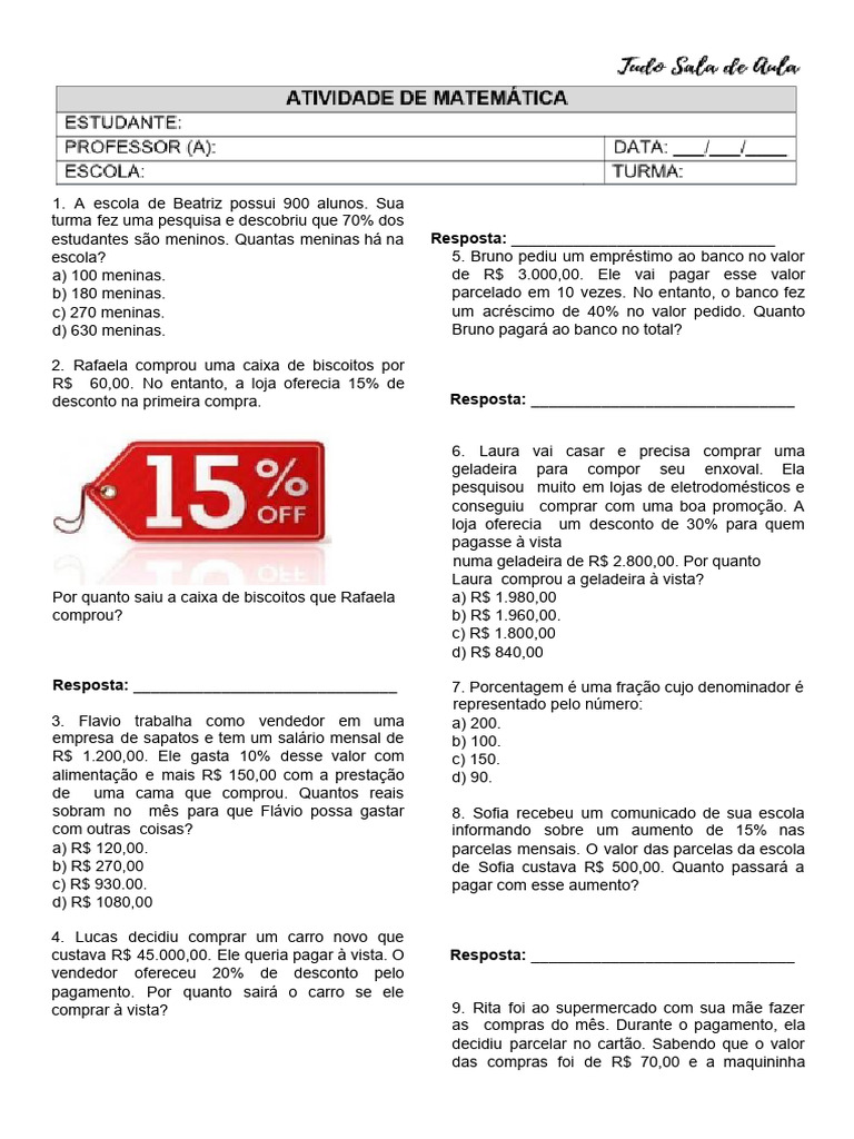 Atividades de Porcentagem para 7º Ano | PDF