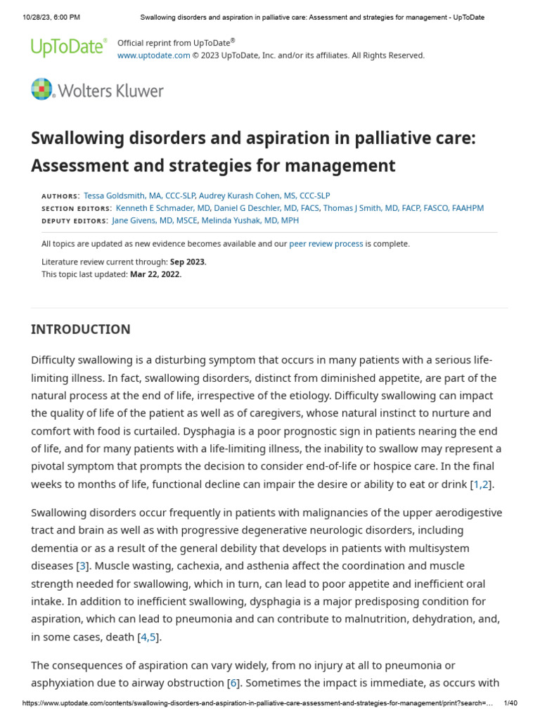 Swallowing Disorders and Aspiration in Palliative Care - Assessment and ...