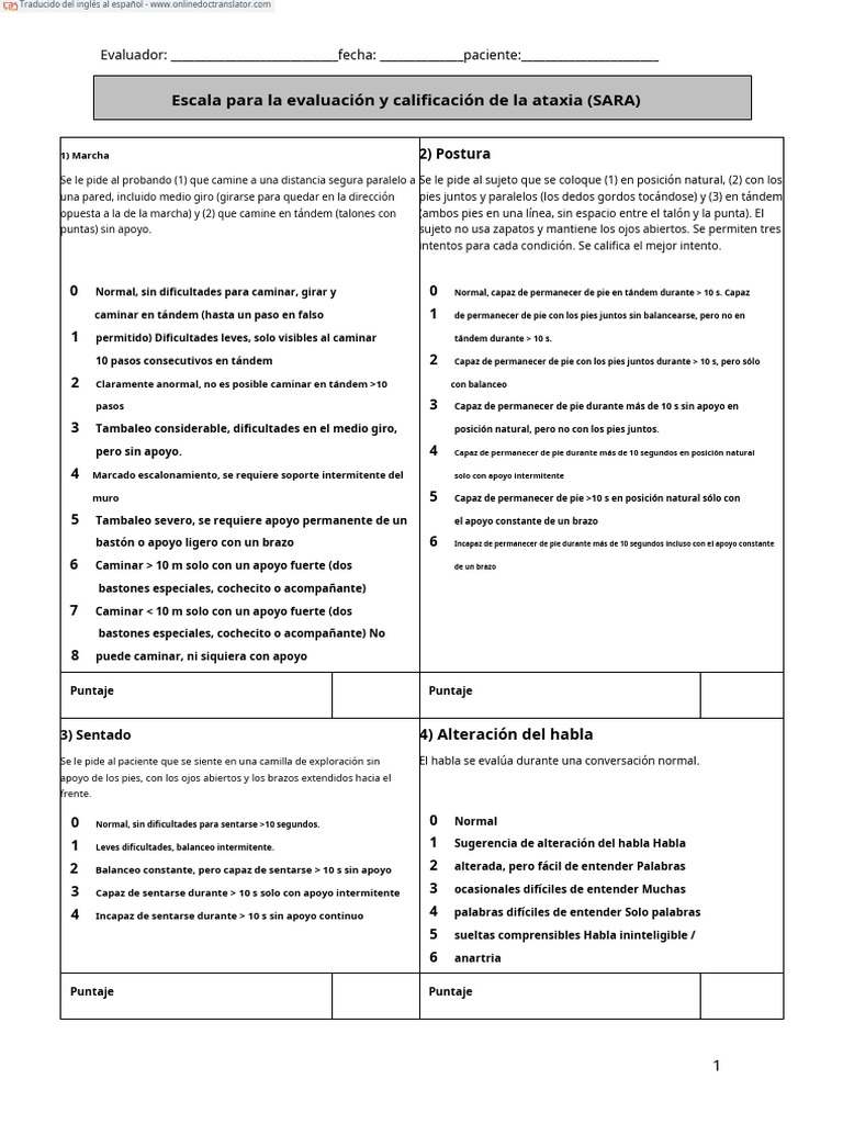 Evaluación de Ataxia: Escala SARA | PDF