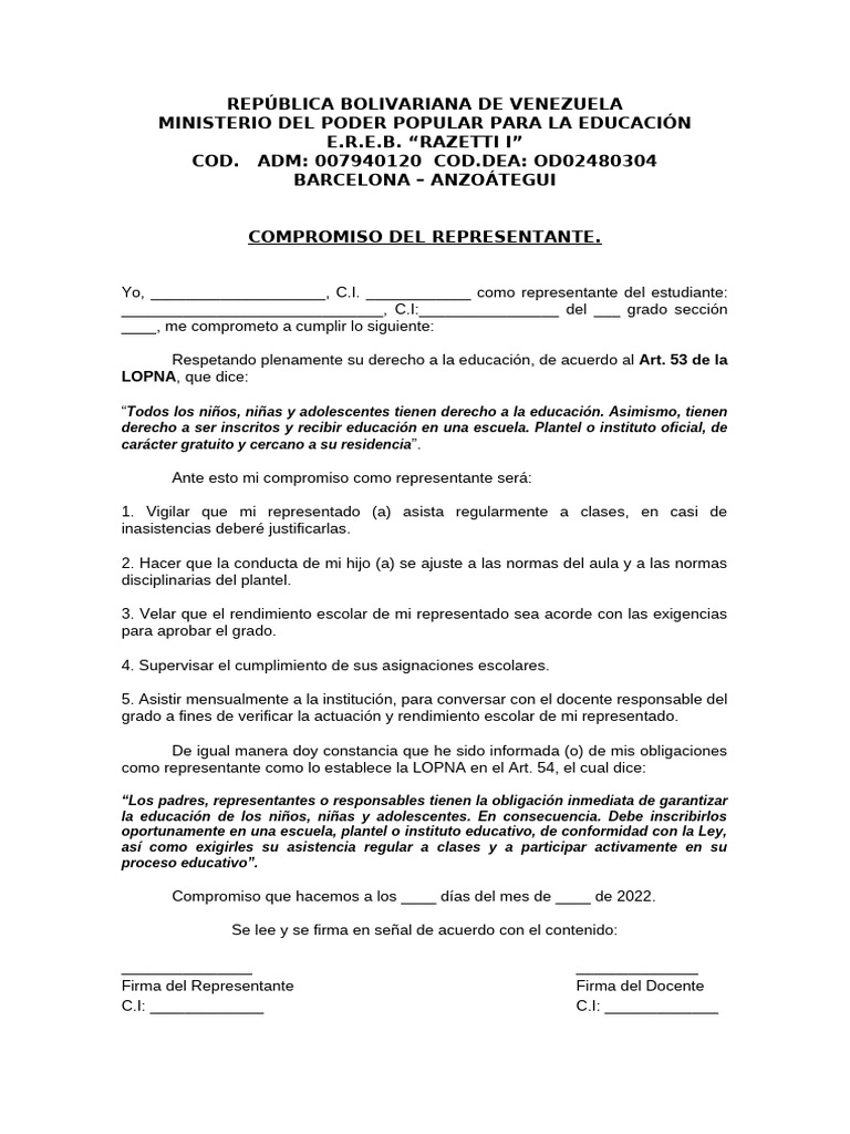 Compromiso del Representante Escolar | PDF