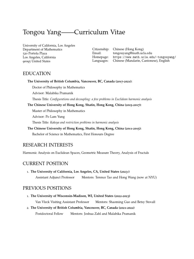 Tongou Yang's Math CV at UCLA | PDF | Mathematical Analysis | Mathematics