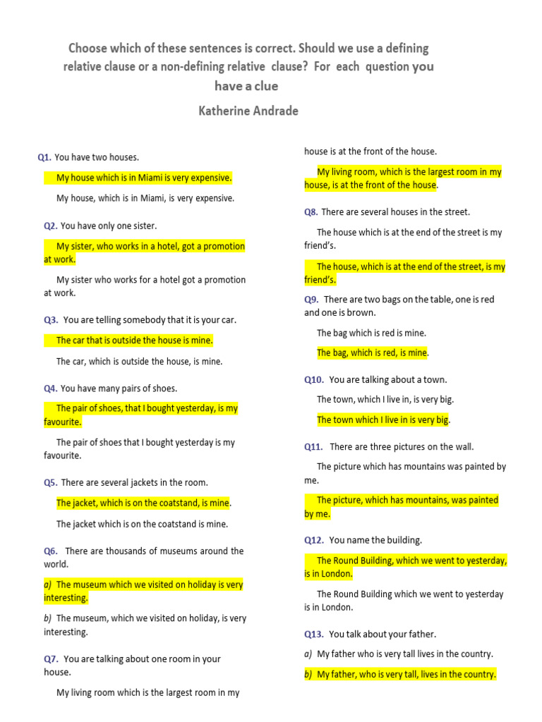 Defining and Non Defining Worksheet. | PDF
