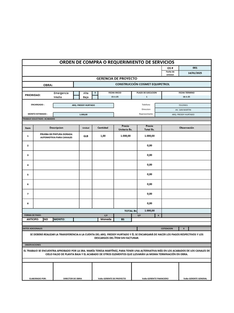 Orden de Compra para Acabados en Obra | PDF