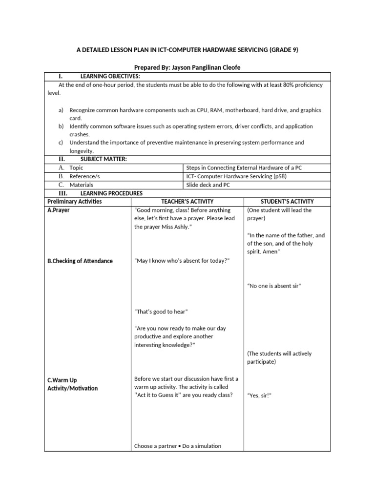 Grade 9 ICT: Computer Hardware Lesson Plan | PDF | Operating System ...