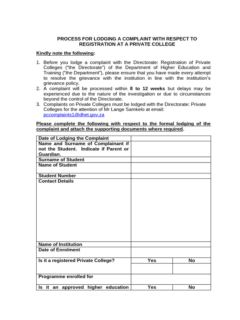 Private College Complaint Process | PDF