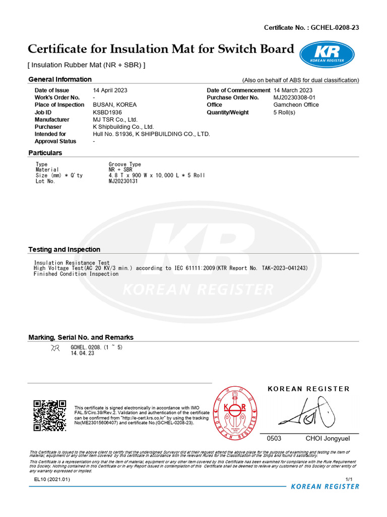 Insulation Mat Certification for Ships | PDF | Electric Power ...