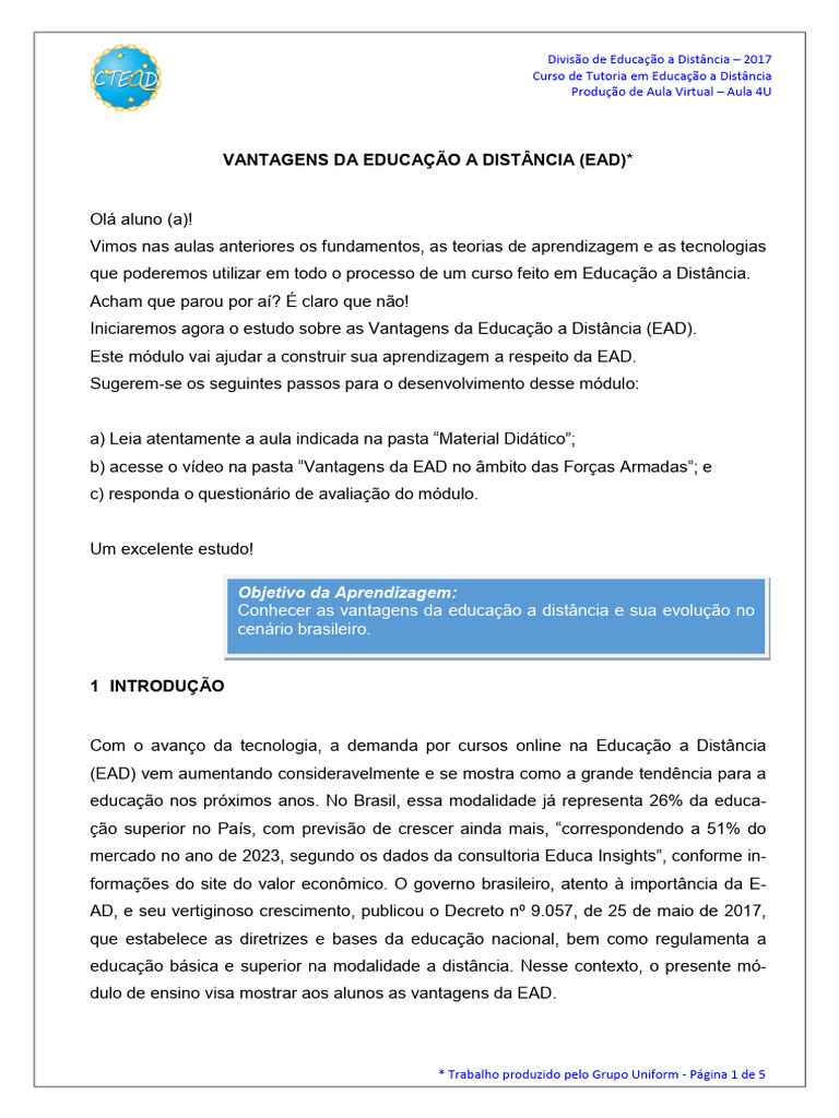 Vantagens da Educação a Distância (EAD) | PDF | Educação à distância ...