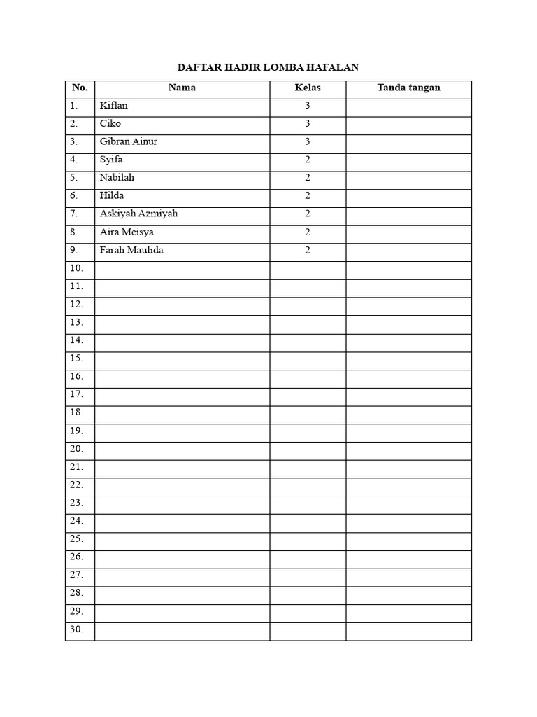 Daftar Hadir Lomba | PDF