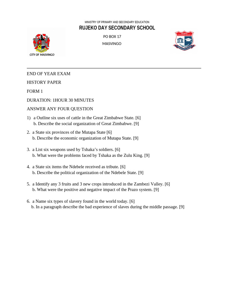 Form 1 History Exam Questions | PDF