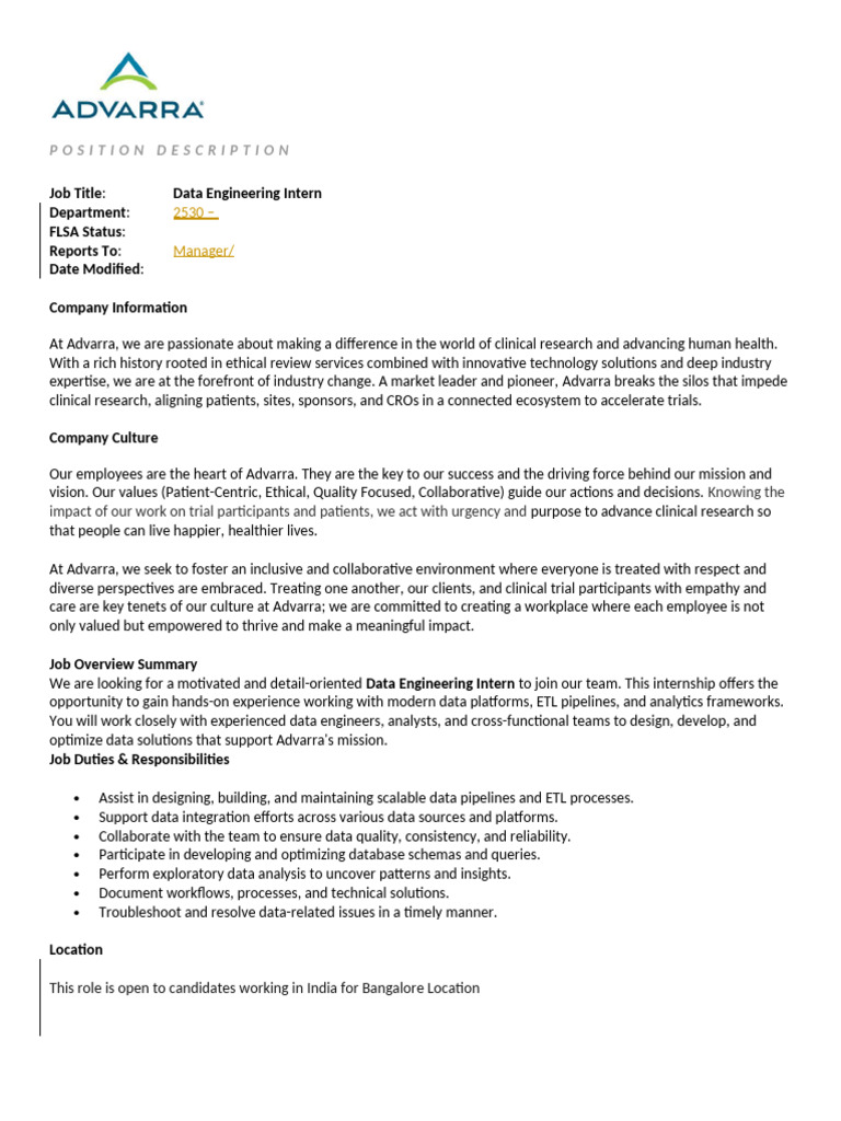 Data Engineering Intern Position at Advarra | PDF | Data | Databases