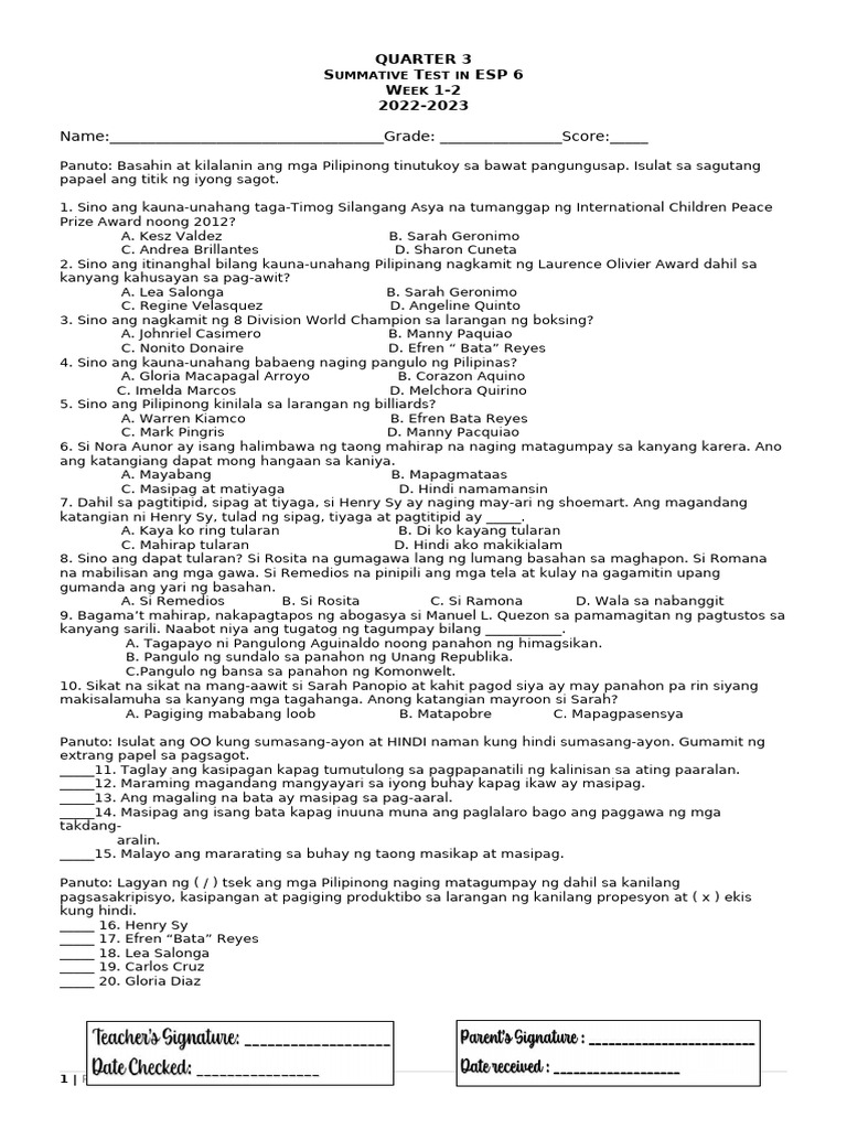 Q3 Summative Test 1-2-3 Esp 6 W1-6 | PDF