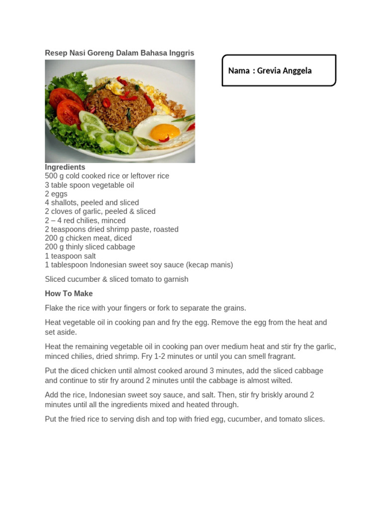 Resep Nasi Goreng Dalam Bahasa Inggris | PDF | Hamburgers | Doughnut