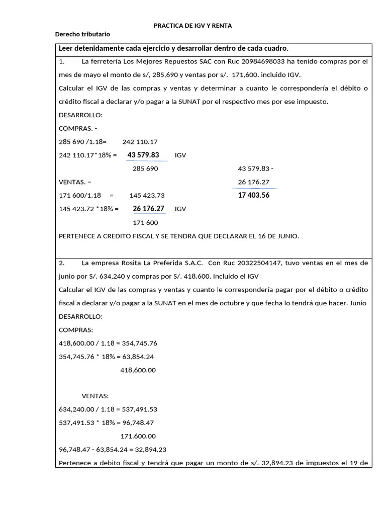 Ejercicios Resueltos de IGV y Renta | PDF | Impuestos | Impuesto sobre ...