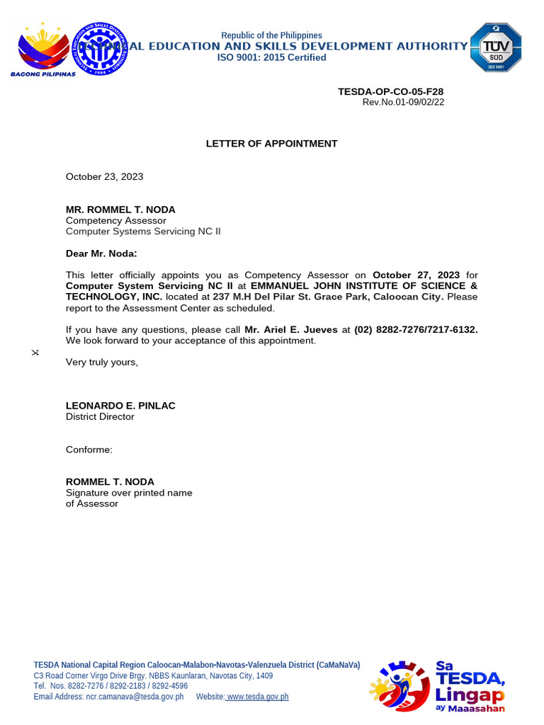 TESDA Competency Assessor Appointments | PDF | Career And Technical ...