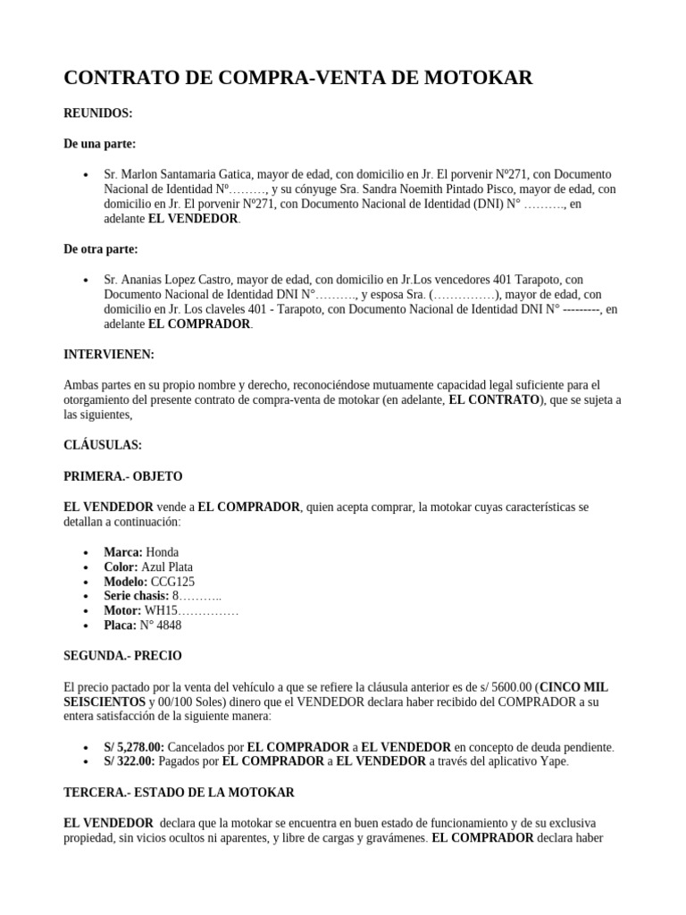 Contrato de Compra y Venta de Moto | PDF