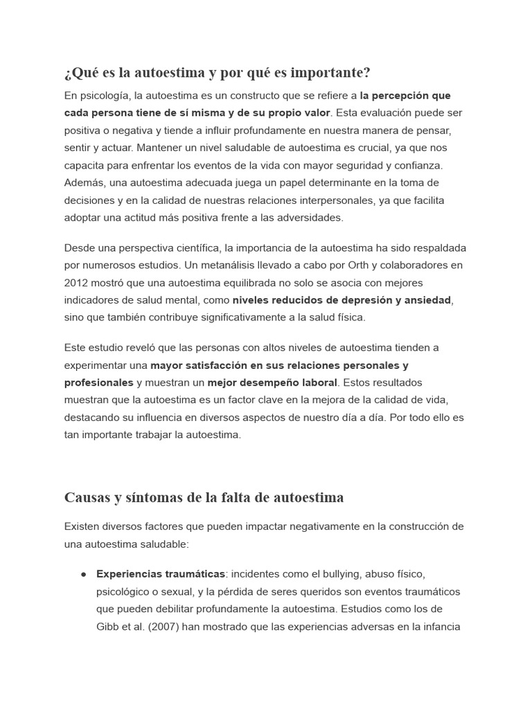Importancia y causas de la autoestima | PDF | Autoestima | Teoría de apego