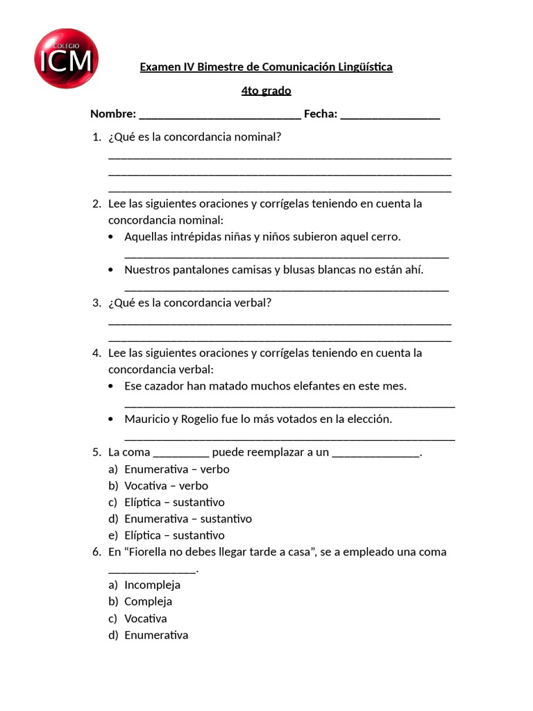 Examen de Concordancia Lingüística 4to Grado | PDF