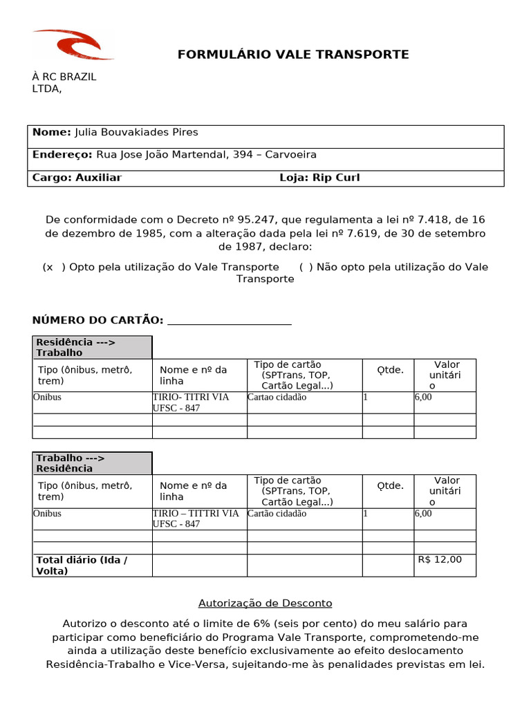 Formulário Vale Transporte - Julia Pires | PDF