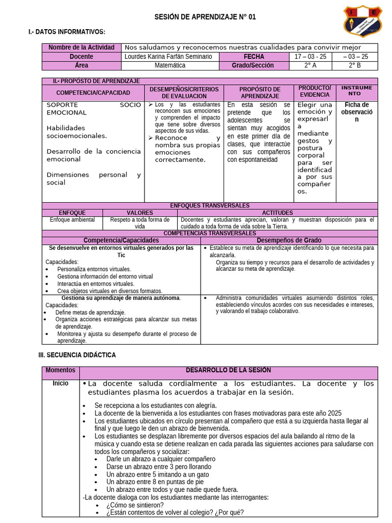 Sesión de Aprendizaje 01 | PDF | Aprendizaje | Las emociones