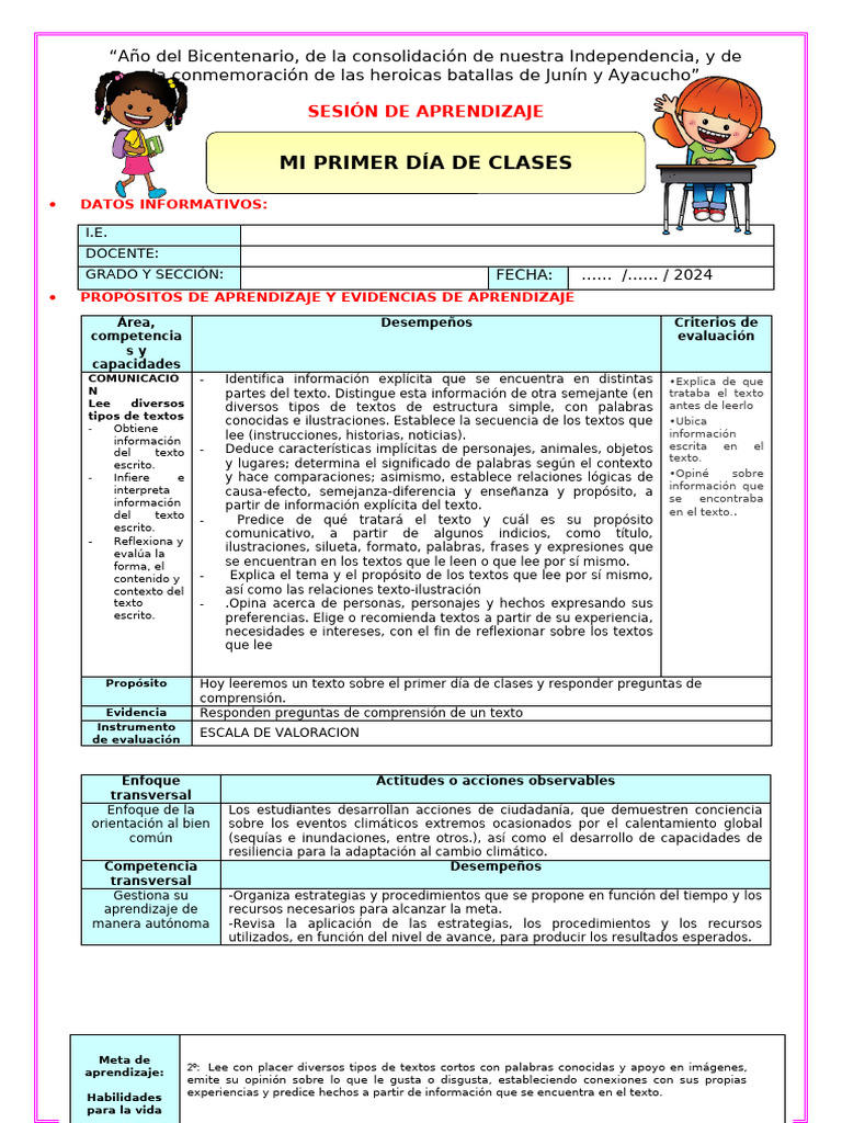 U1 S1 Sesion D4 Plan Lector Mi Primer Dia de Clases | PDF | Aprendizaje ...