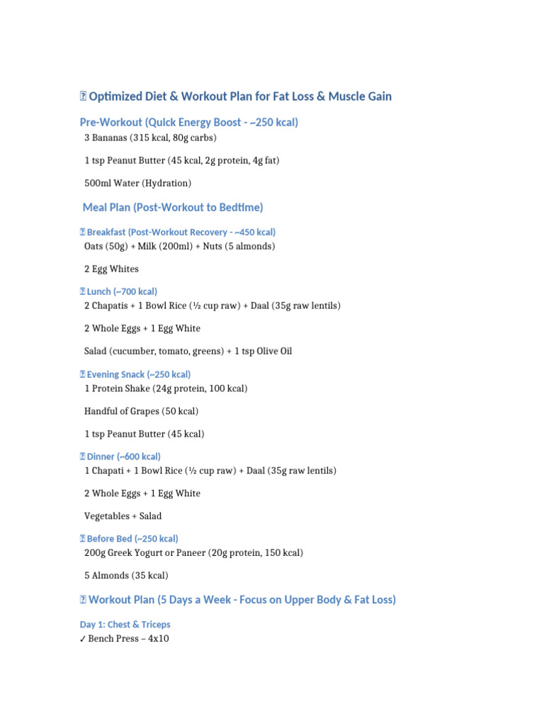 Diet & Workout for Fat Loss & Muscle Gain | PDF